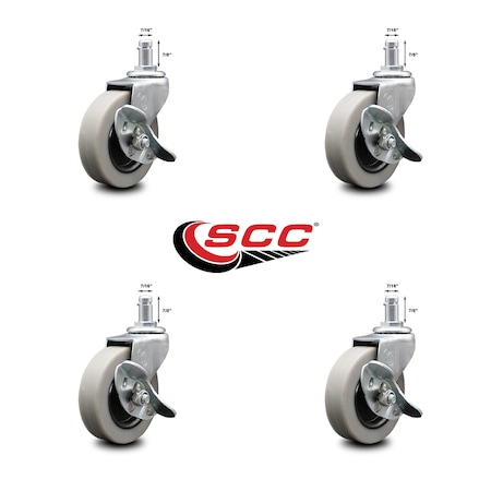 Service Caster 3 Inch Thermoplastic Wheel 7/8 Inch Grip Ring Stem Caster with Brakes, 4PK SCC-GR05S310-TPRS-SLB-71678-4
